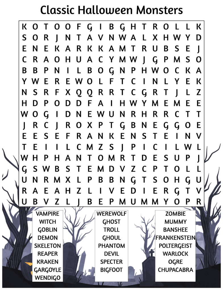 Classic Halloween Monsters Free Wordsearch