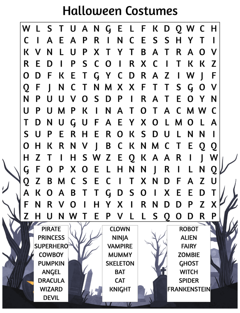 Halloween Costumes Free Wordsearch