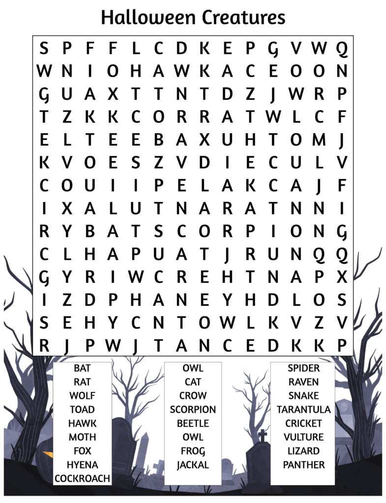 Halloween Creatures Free Wordsearch